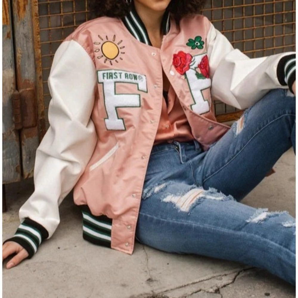 First Row Easy Hours Varsity Letter Contrast Patch Bomber Jacket Snap Pink Small